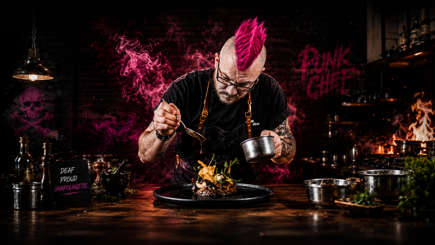Punk Chef Scott Garthwaite plating a dish in the Punk Chef kitchen